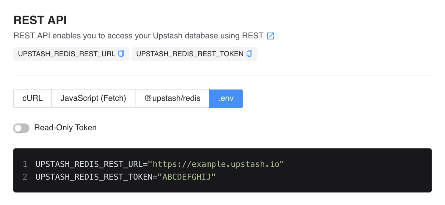 Get started with Astro and Redis: Screen capture shows Astro console with .env tab of REST API parameters section. API keys are displayed in this section