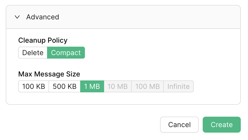 The Upstash console, configuring a topic with a cleanup policy of compact