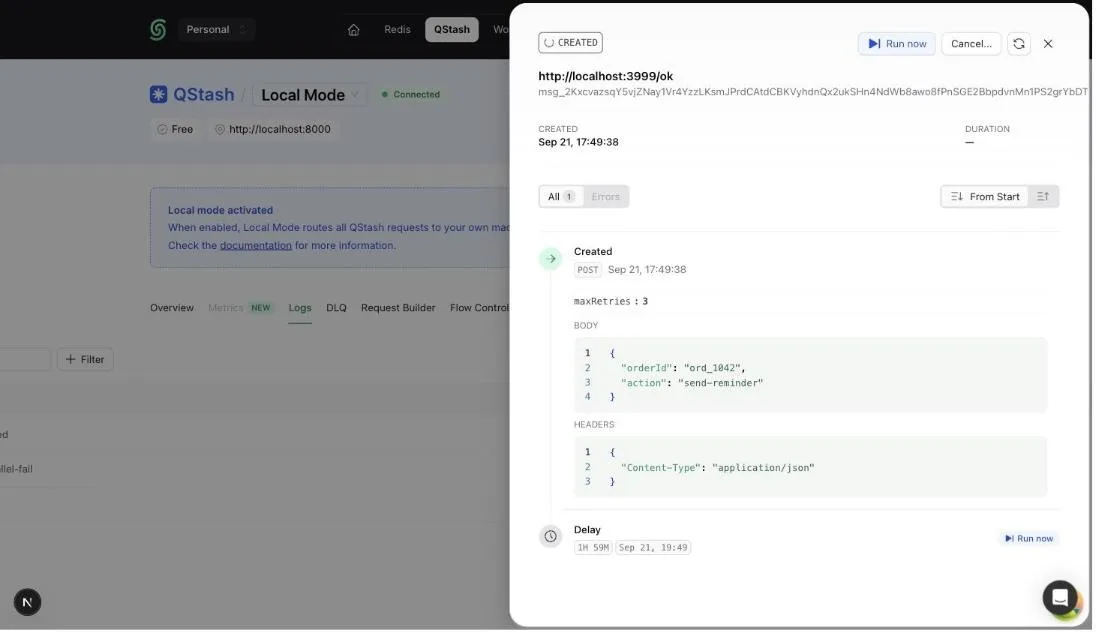 Run now button on a delayed message in the Upstash Console