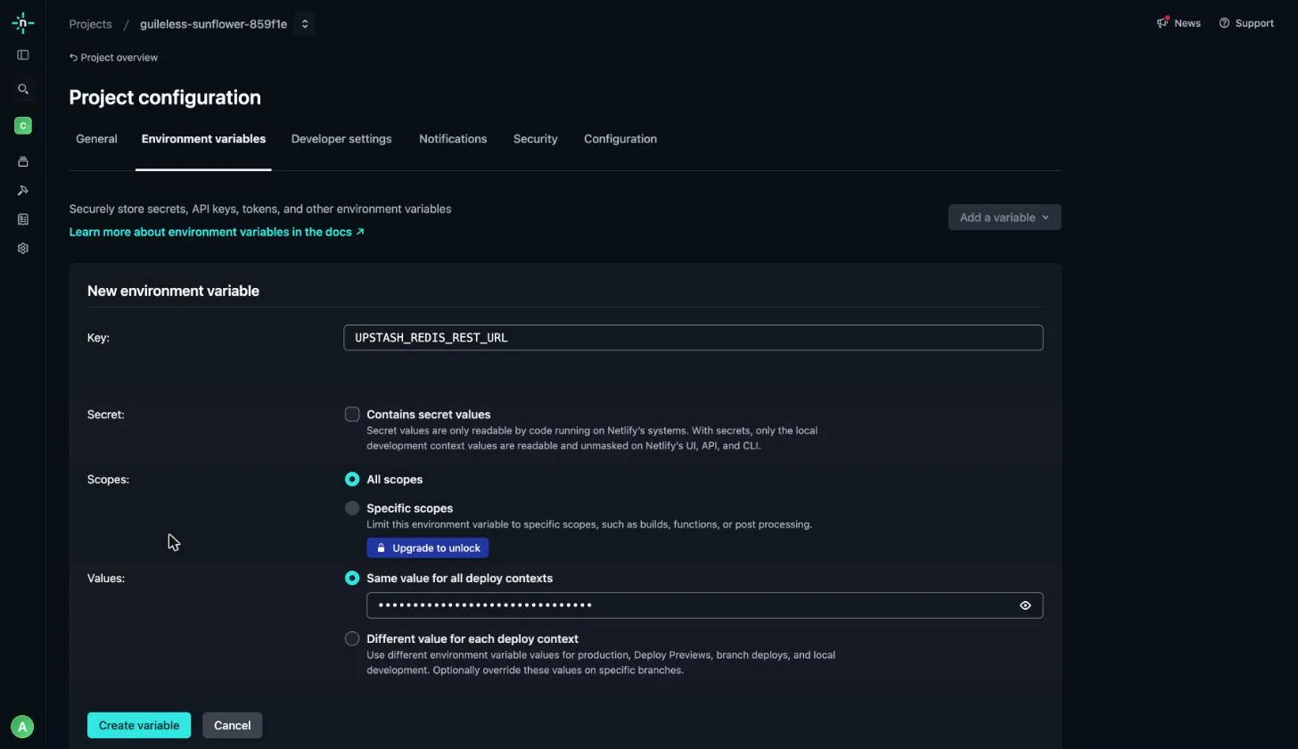 Netlify New environment variable form with key UPSTASH_REDIS_REST_URL