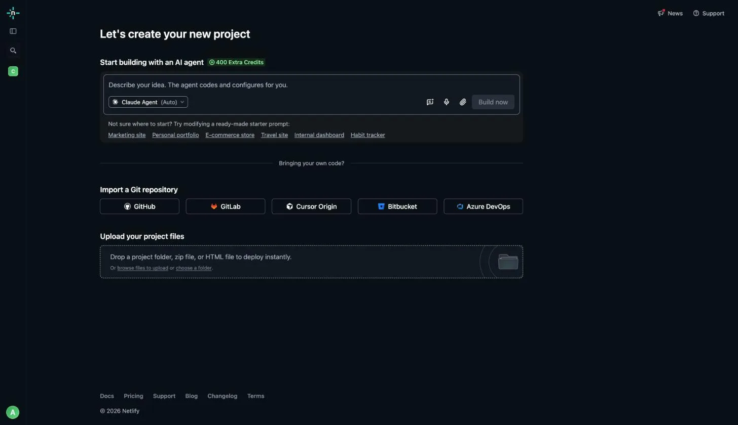 Netlify new project page with Import a Git repository options
