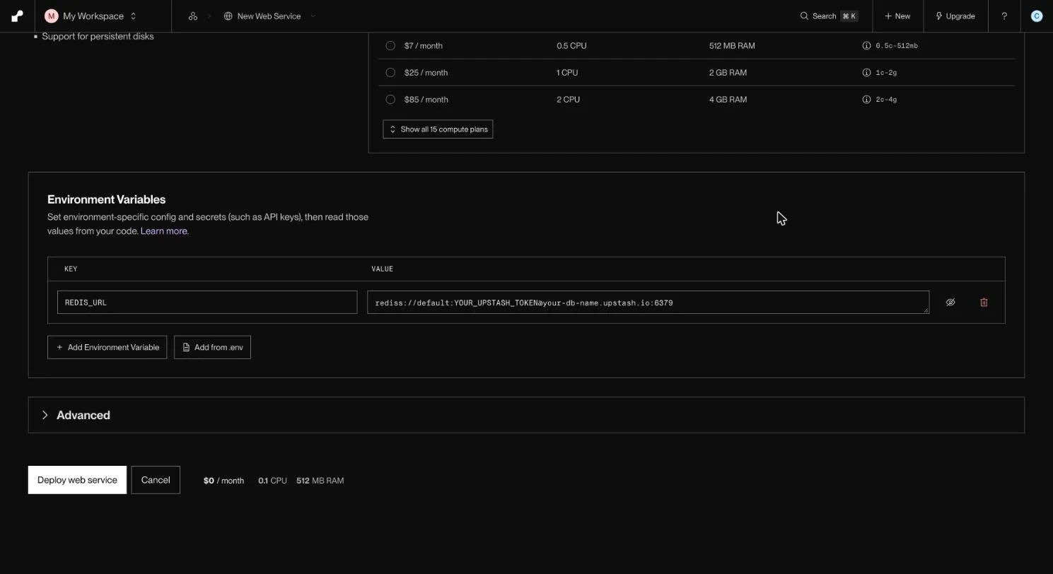 Render Environment Variables section with REDIS_URL set to an Upstash rediss:// URL