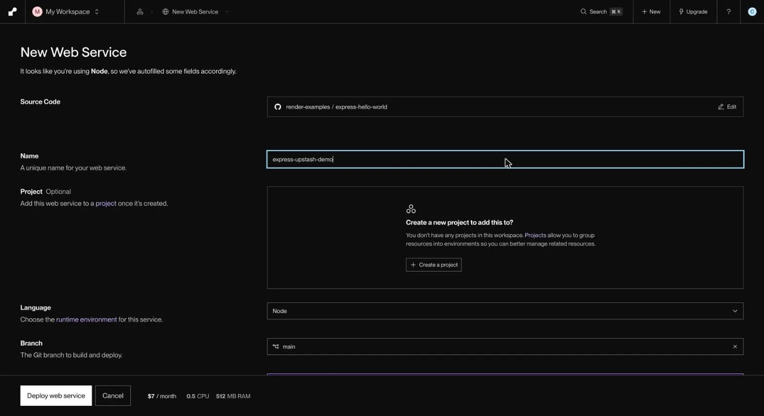 Render New Web Service form with a connected repository