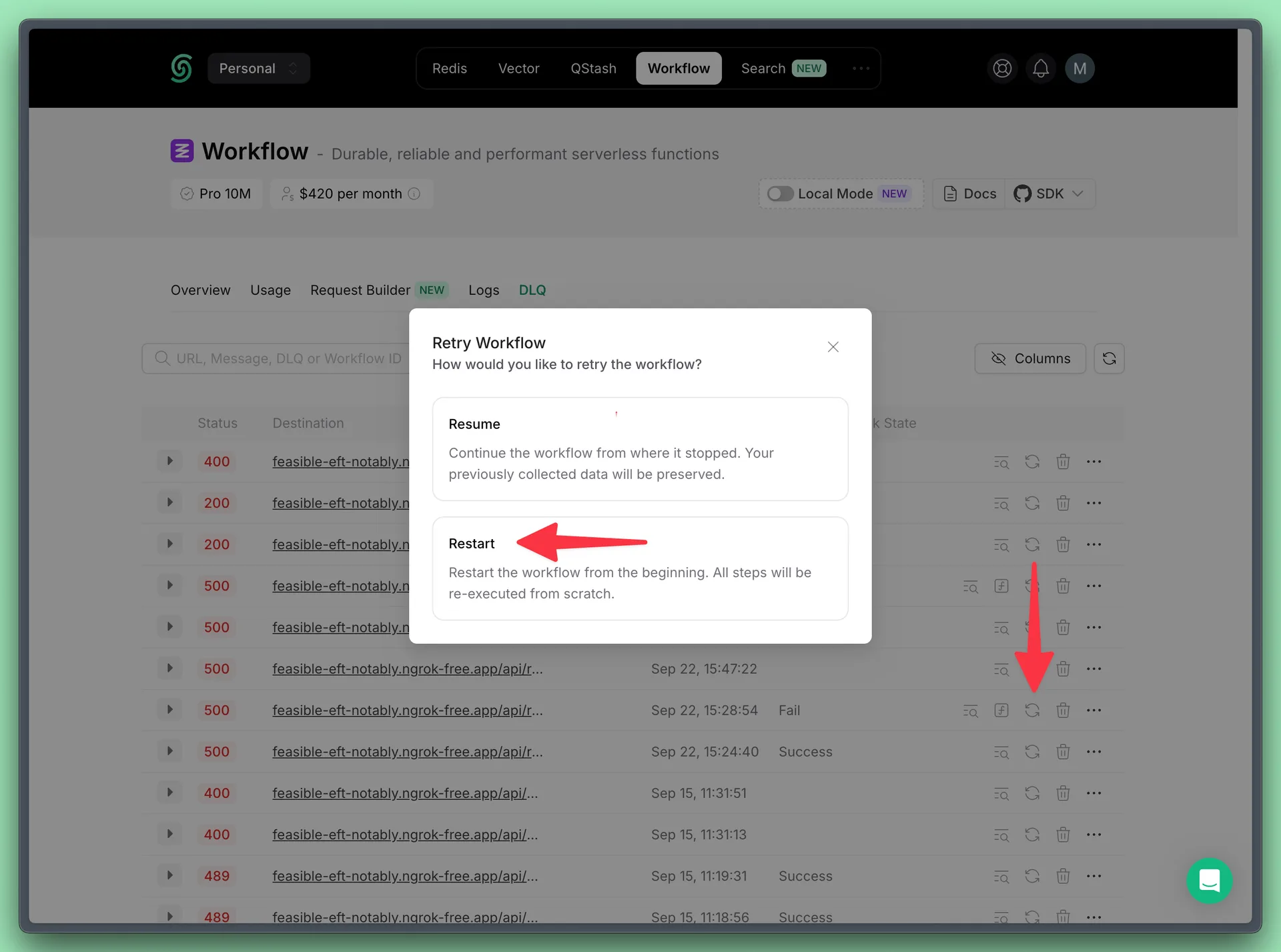 Restart a workflow run from the DLQ