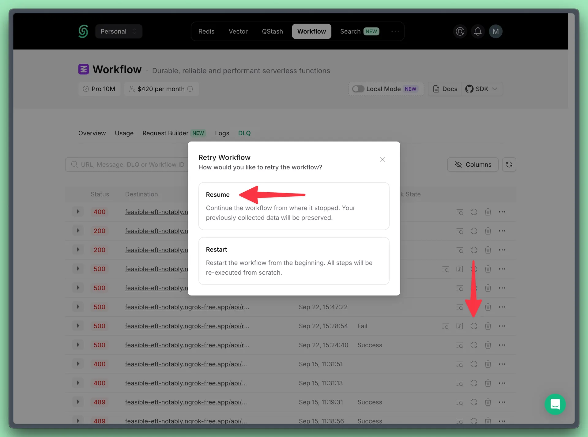 Resume a workflow run from the DLQ