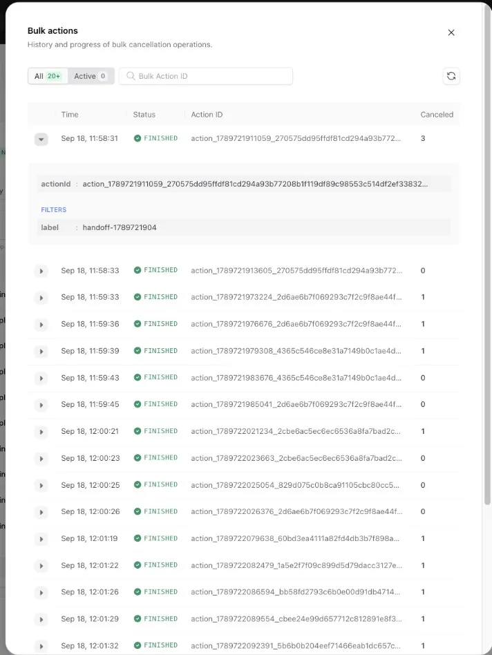 Bulk action history in the QStash logs